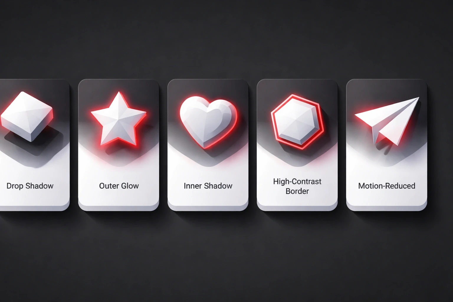 Illustration of five low‑poly isometric cards, each depicting a different graphic effect (shadow, glow, inner shadow, high‑contrast border, motion‑reduced alternative) on a dark #212121 background, highlighted with accent #ed3c48.