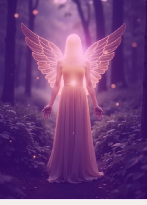 Artistic rendering of a faceless angel glowing abdomen in a forest 