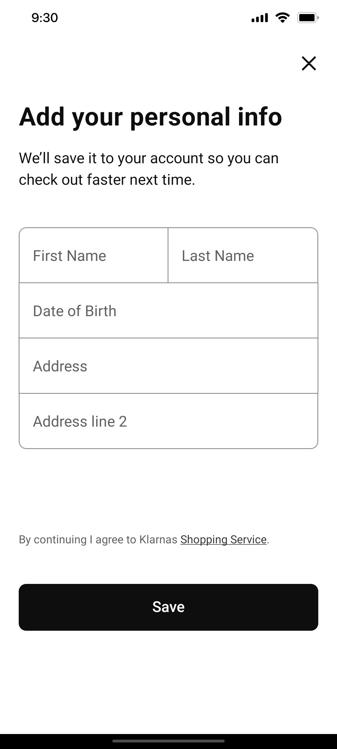 Klarna Your Personal information page Screen