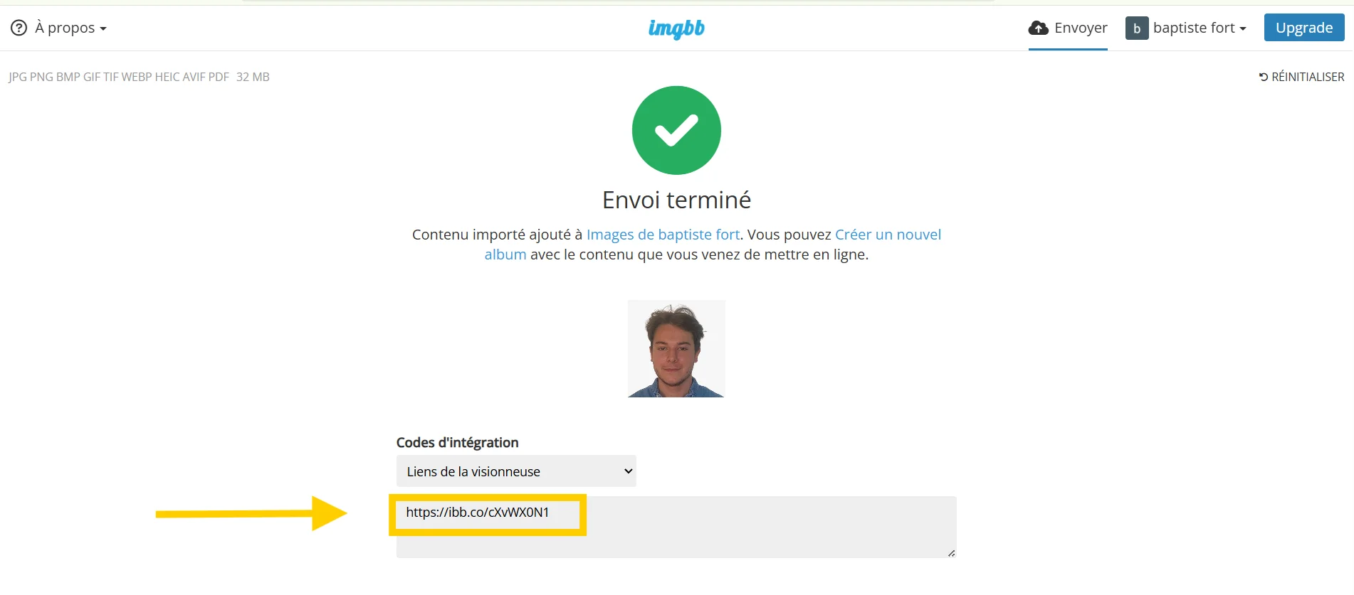Exemple d’upload d’images sur ImgBB pour les intégrer dans un site généré par Claude Opus 4.5.