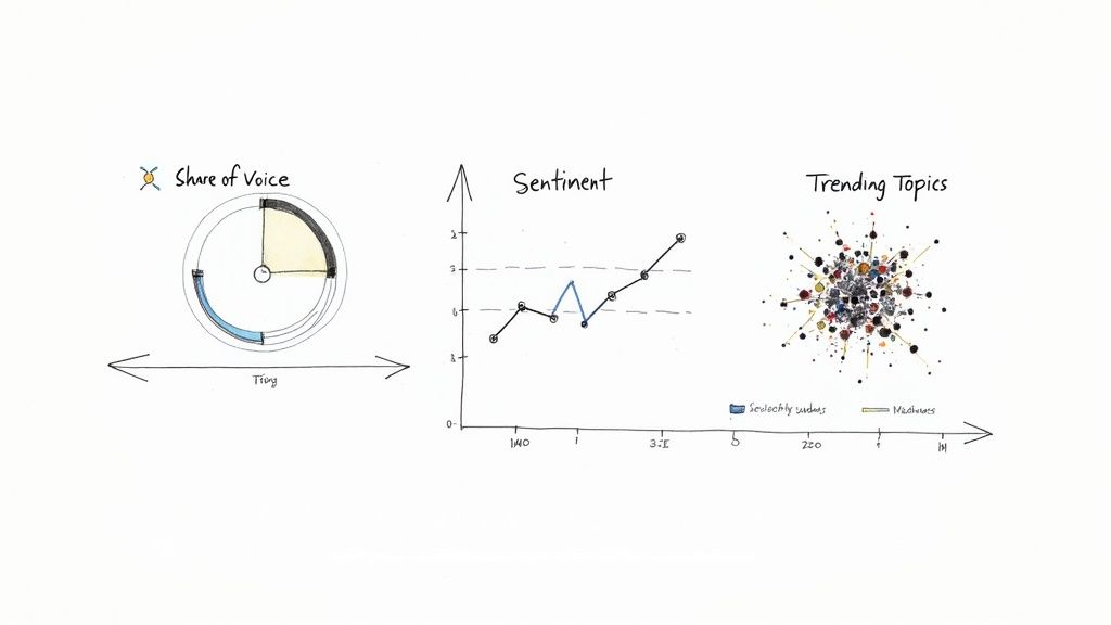 A comprehensive social listening dashboard displaying share of voice, sentiment analysis, and trending topics.