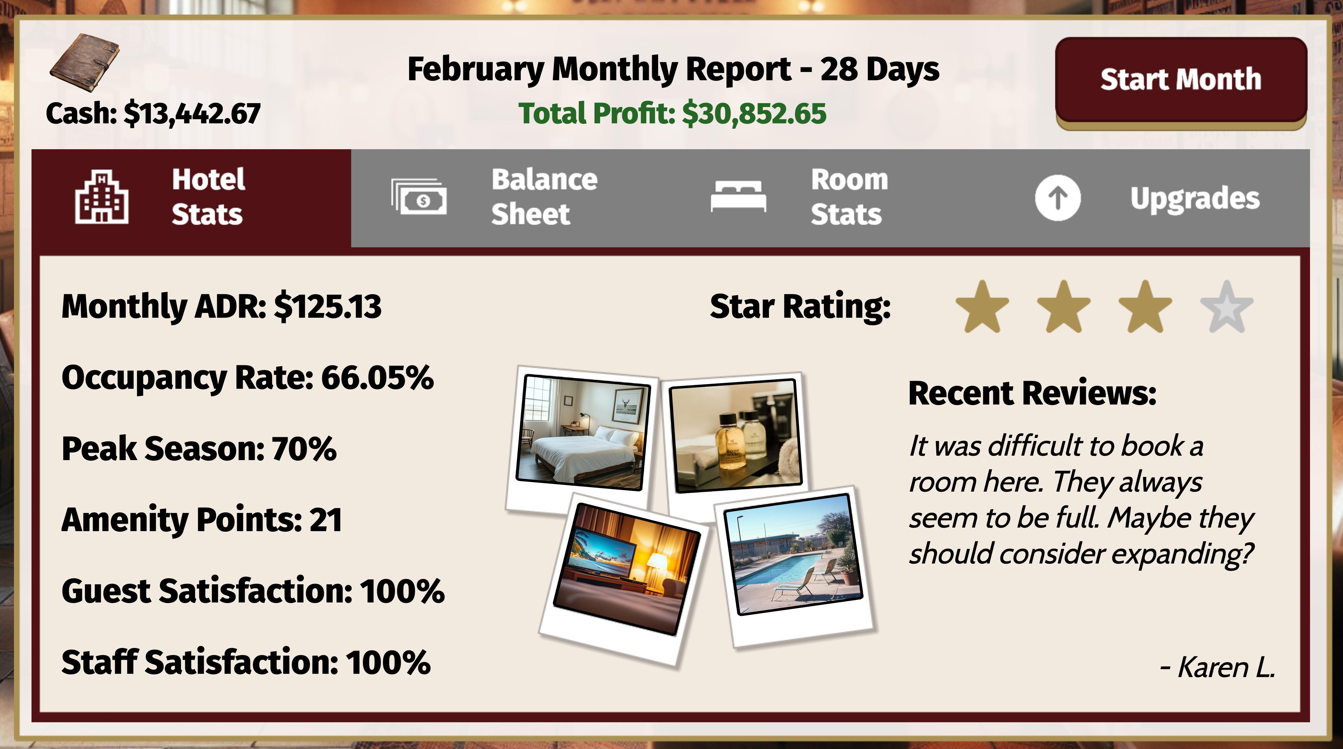 The monthly report screen from a gamified hospitality training course, showing key metrics like ADR, occupancy rate, and guest satisfaction.