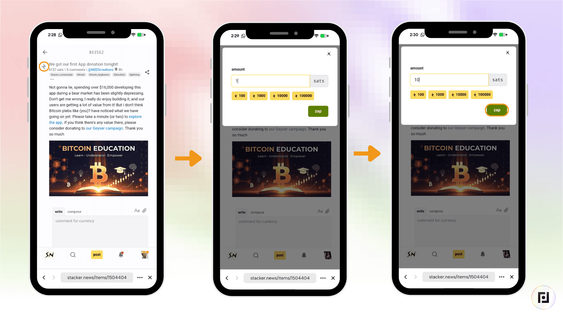 Stacker News screens on Fedi showing how to press and hold the lightning bolt icon to select a custom satoshi zap amount