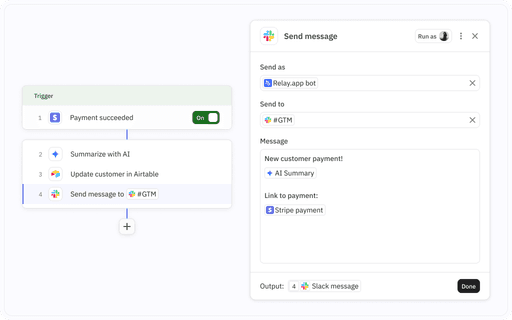 Visual workflow editor with steps and open panel to edit a Slack message