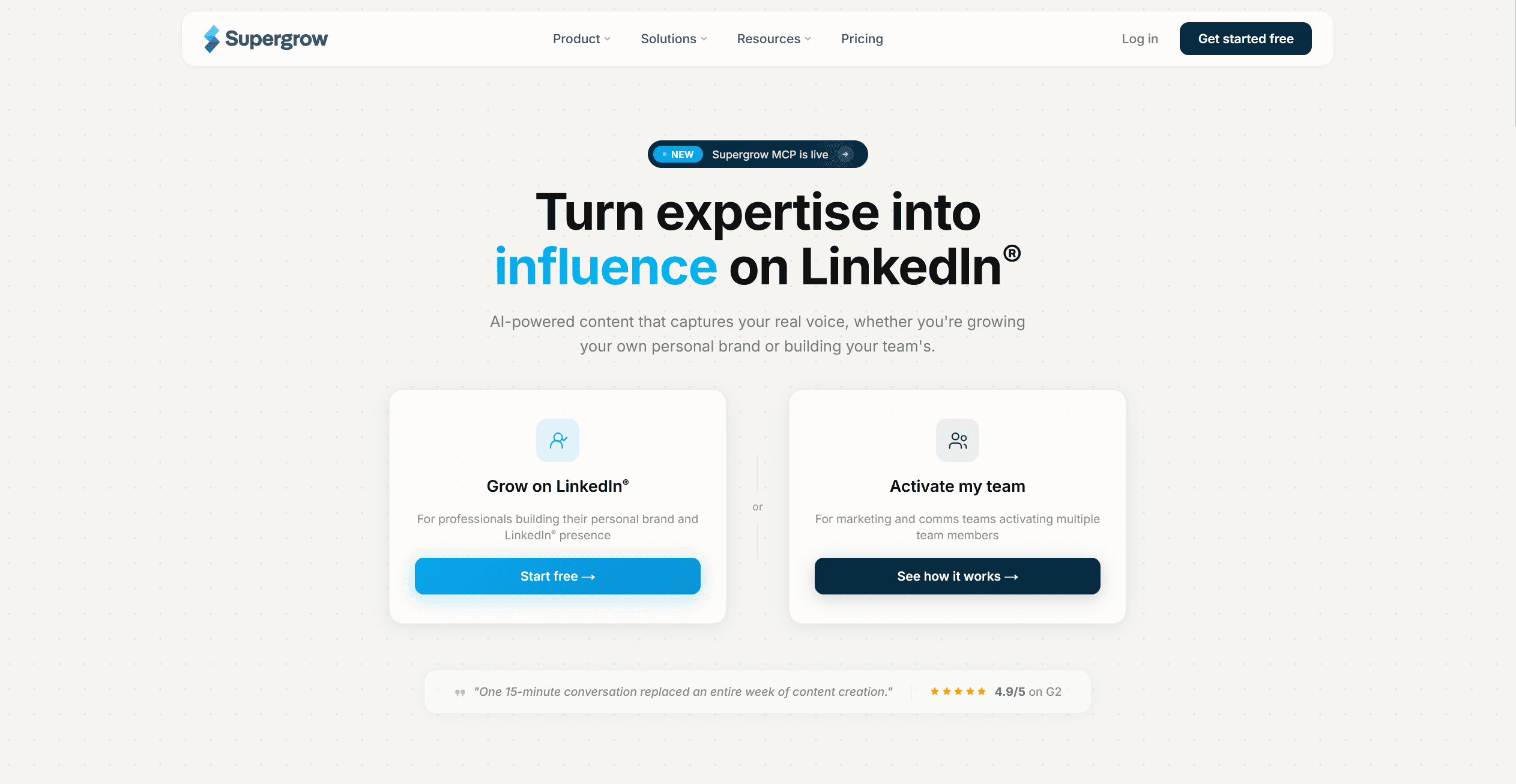 A screenshot of Supergrow's landing page, inviting the user to grow on LinkedIn or activate his team