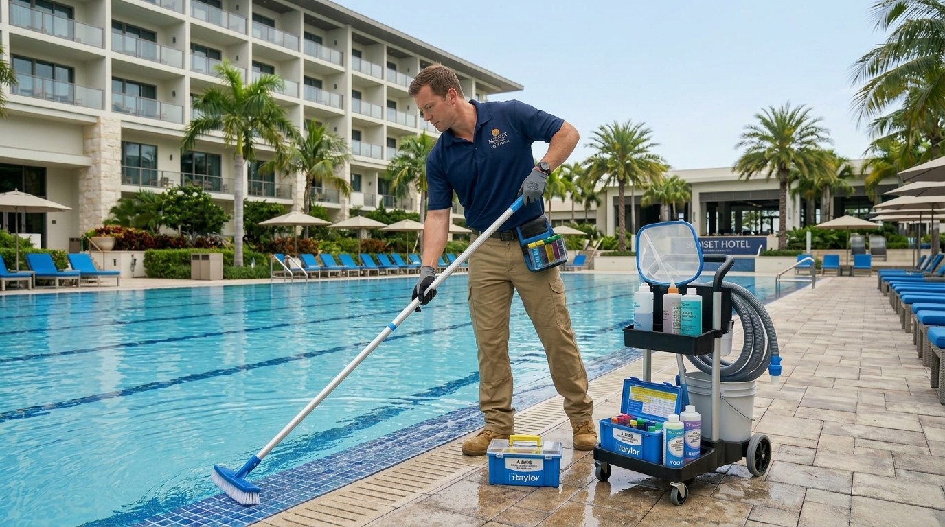Clear commercial hotel pool after professional maintenance
