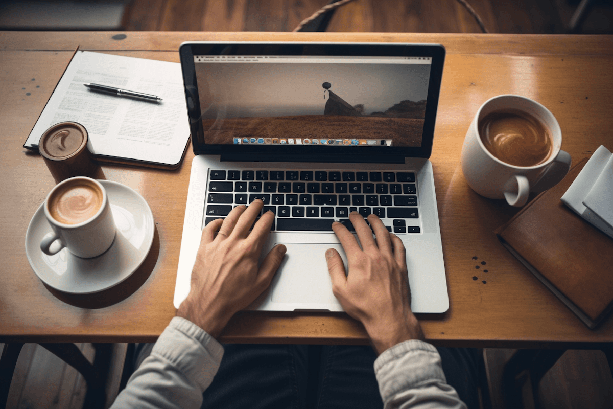 A person types on a laptop at a wooden desk, with a coffee cup and notebook nearby.