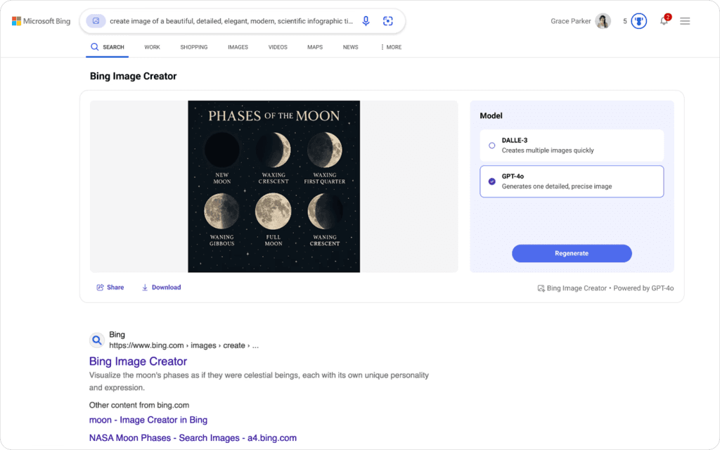 Bing Image Creator erzeugt eine Infografik zu den Mondphasen, wahlweise mit DALL-E 3 oder GPT-4o