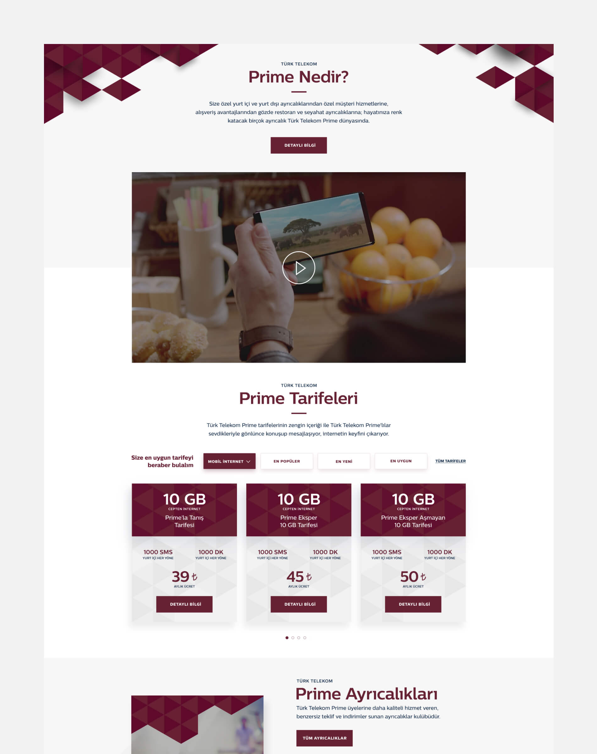 Turk Telekom Prime premium website with refined mobile-first design, offering tariffs, benefits, and lifestyle privileges for high-value customers.