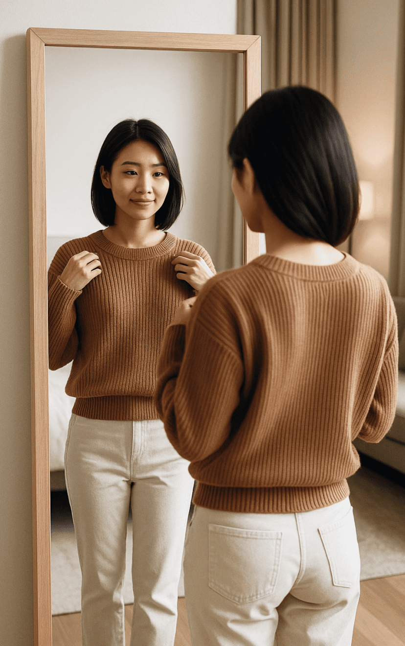 Customer trying on clothing received through BRB 90-minute delivery app