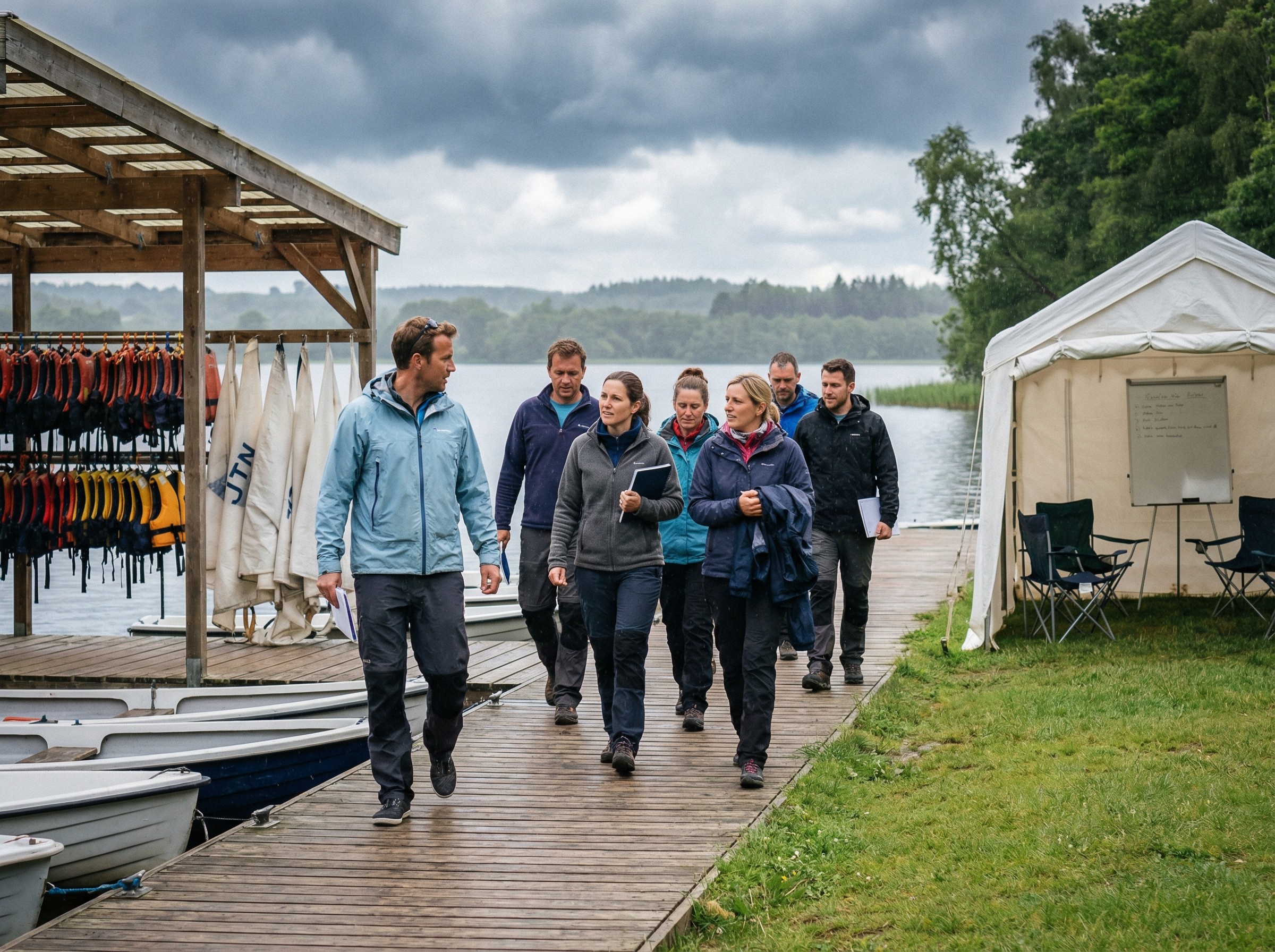 Am Ufer ziehen dunkle Wolken auf, während ein Trainer die Gruppe vom Steg in ein nahegelegenes Schulungszelt führt. Rettungswesten hängen ordentlich, Segel liegen trocken gestaut. Die Stimmung bleibt konzentriert, alle wechseln ruhig zum Alternativprogramm an Land.
