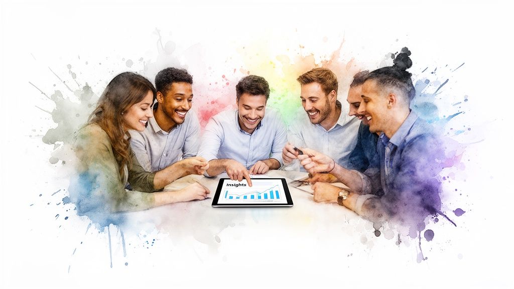 A diverse group of six smiling professionals collaborating around a tablet displaying data insights.