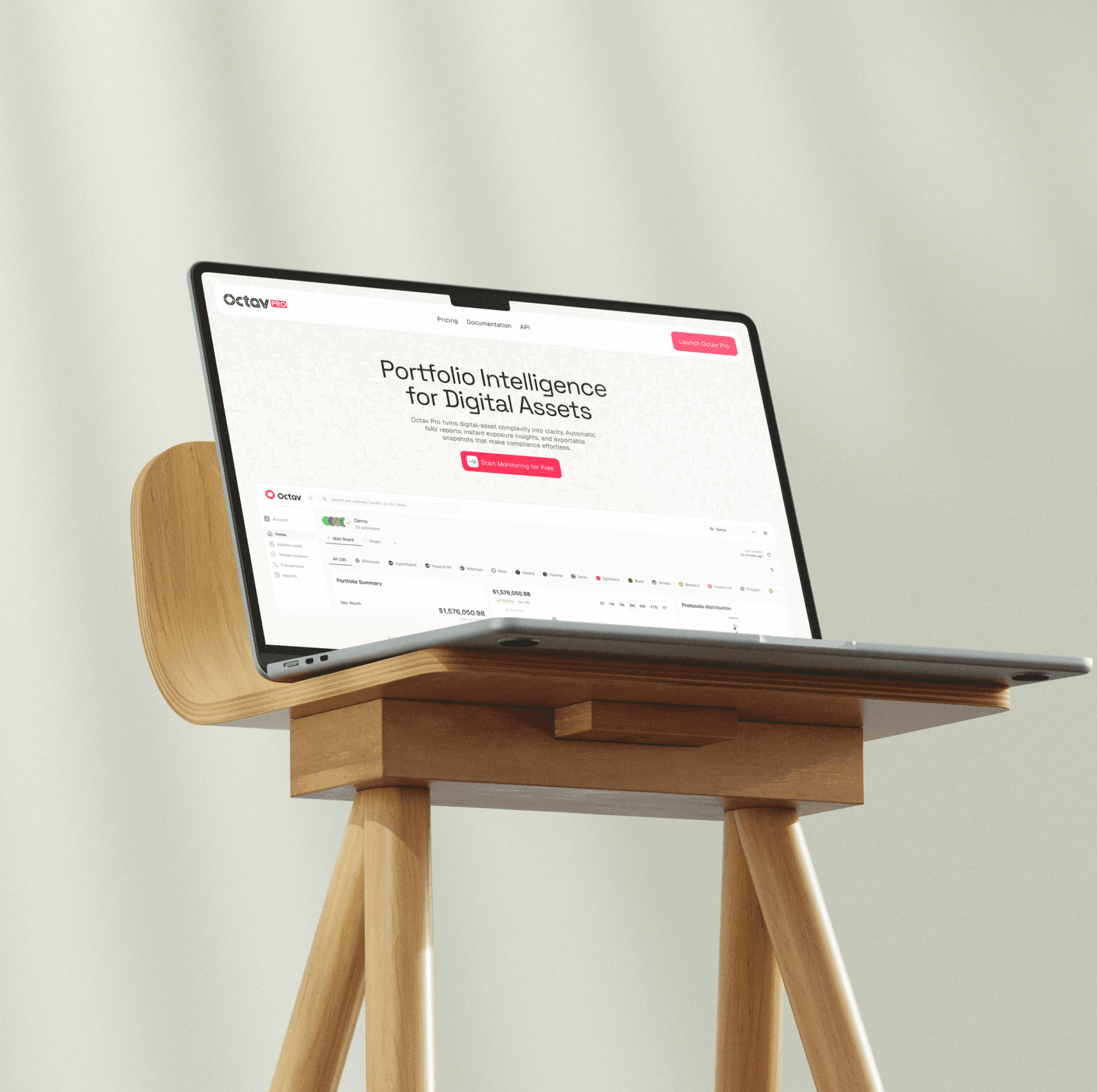 Desktop UI design for Octav Pro, a portfolio intelligence platform for digital assets. Mockup on a MacBook Pro showcasing the clean, data-rich landing page designed for institutional-grade DeFi portfolio monitoring and analytics.