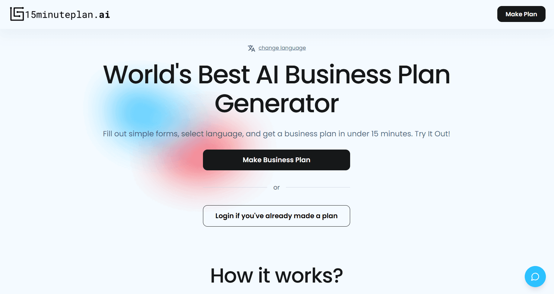Homepage screenshot of 15minuteplan.ai featuring the headline “World’s Best AI Business Plan Generator” with buttons to make a business plan or log in.