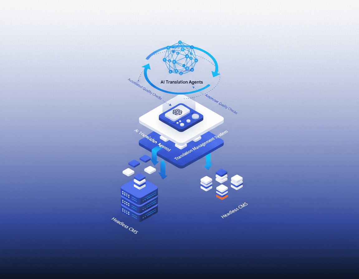 Isometric flow diagram of content moving from headless CMS through TMS to AI translation agents