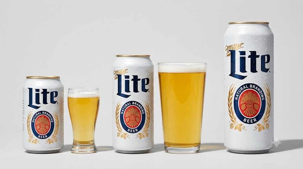 A lineup of three different sized Miller Lite cans—standard, tallboy, and large—interspersed with two glasses of beer, showcasing the variety of product sizes available.