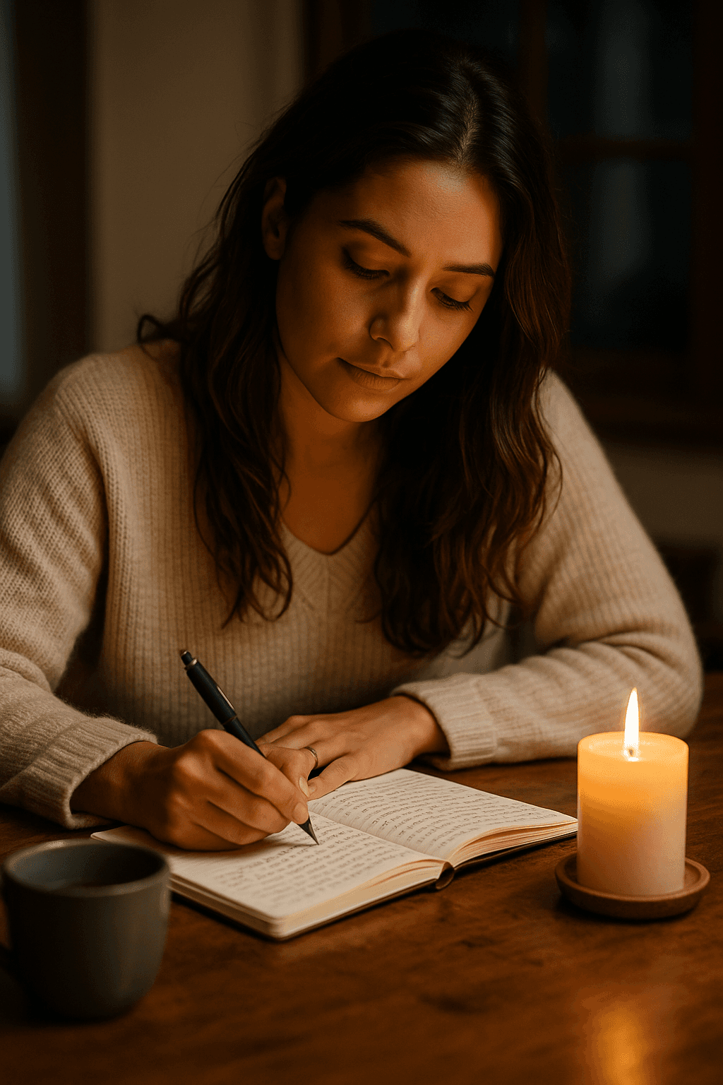 Woman journalling by candlelight at a wooden table, wearing a cosy sweater, with a calm and reflective expression, captured in a warm, softly lit setting.