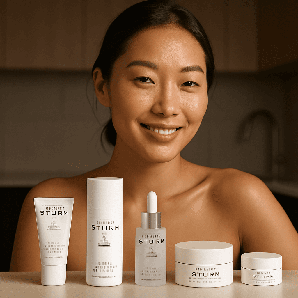 East Asian AI model posing in a modern kitchen with white skincare products on the counter, made with Caspa AI