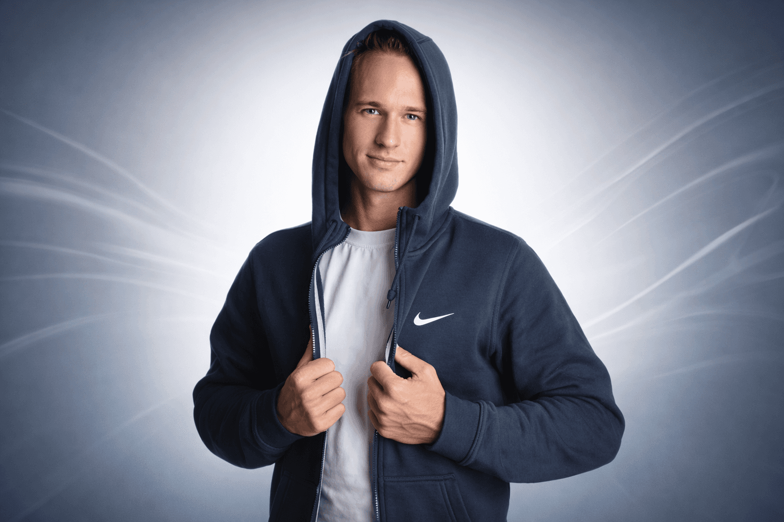 Danny van Brussel in sportkleding met capuchon staat geconcentreerd en zelfverzekerd naar voren gericht, een beeld dat fysieke training symboliseert als het startpunt van energie, kracht en verandering.