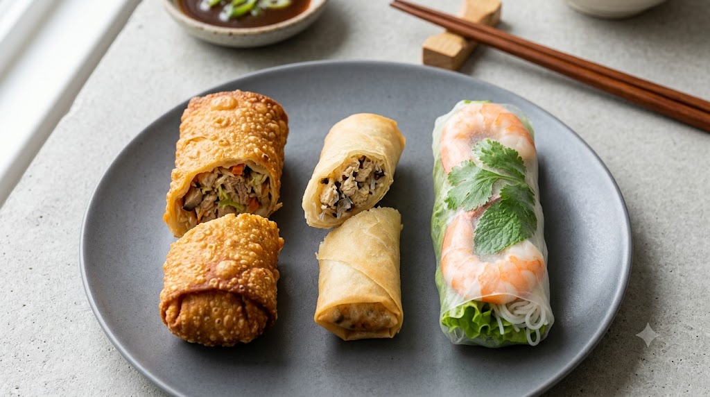 An overhead view of a gray plate holding three types of Asian-style rolls: a crispy, dark golden-brown egg roll, a lighter spring roll (both cut in half to show the filling), and a translucent fresh shrimp summer roll with herbs and vermicelli.
