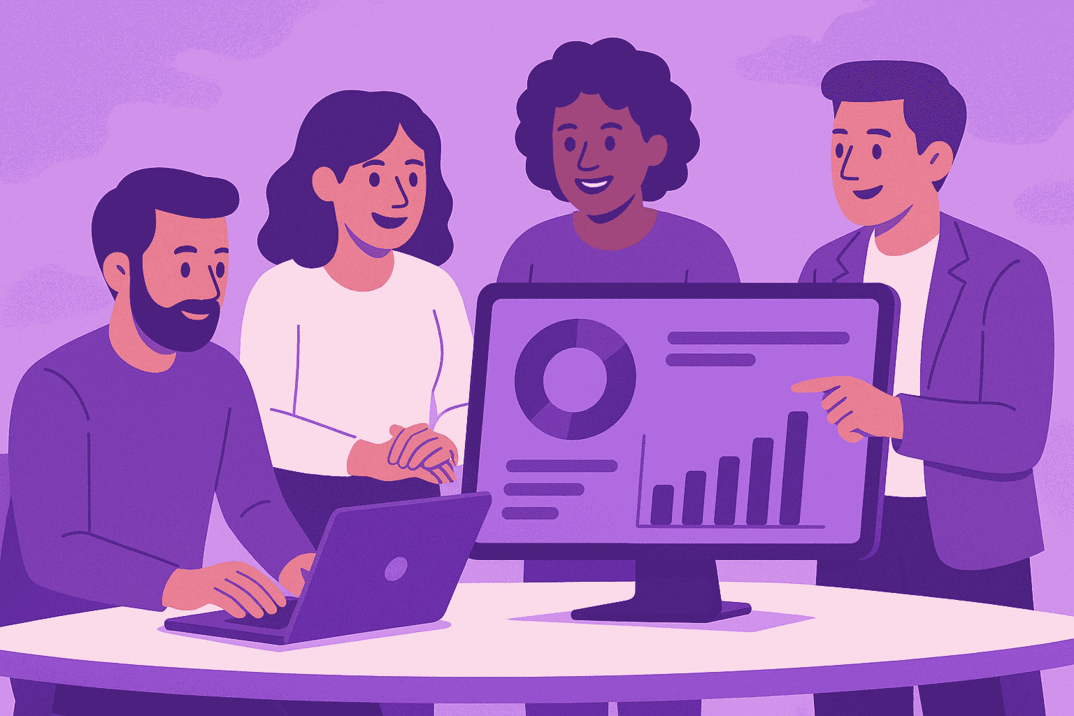 A flat-style digital illustration showing a diverse, smiling team collaborating around a glowing digital dashboard with time-tracking charts and graphs. The scene conveys empowerment, clarity, and trust.