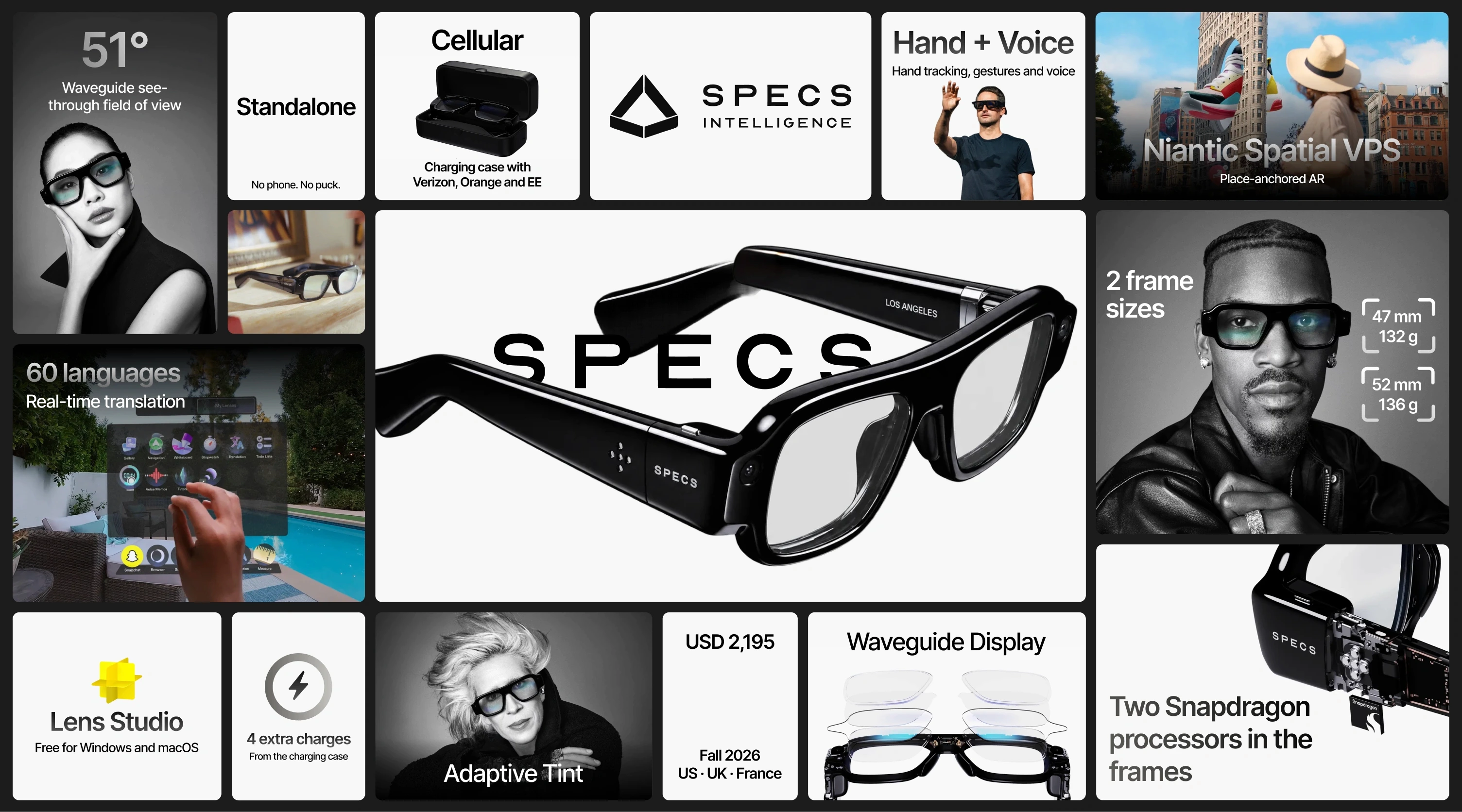 Snap SPECS features grid showing a 51-degree waveguide field of view, standalone design, cellular charging case, SPECS Intelligence, hand and voice control, Niantic Spatial VPS, 60-language translation, two frame sizes, Lens Studio, adaptive tint, the USD 2,195 price and two Snapdragon processors.