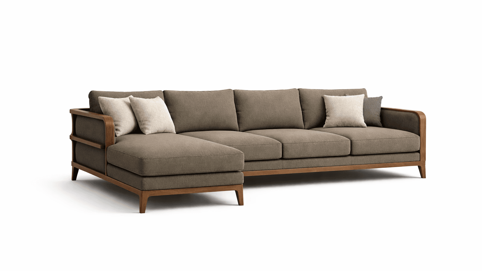 Warm‑toned chaise sofa with structured cushions and mid‑century influence