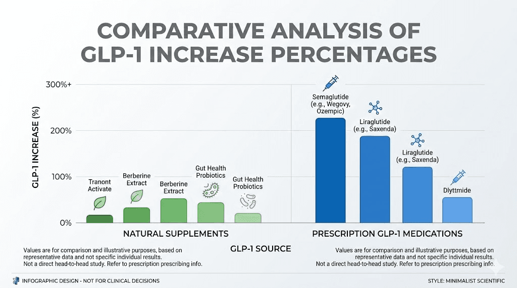 Natural GLP-1 supplement versus prescription GLP-1 medication effectiveness comparison chart