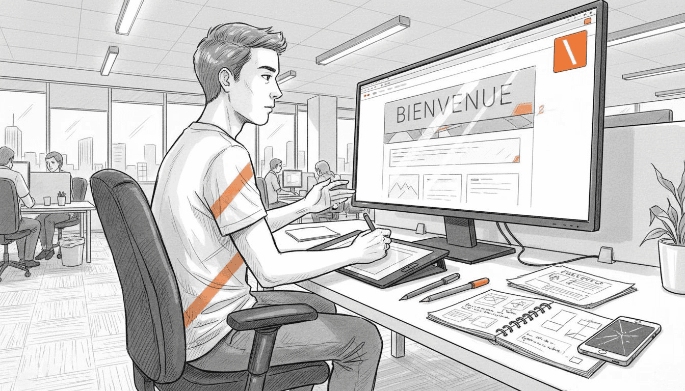 Conception d’une identité visuelle par pipeline sur écran : le webdesigner façonne un site sur son ordinateur.