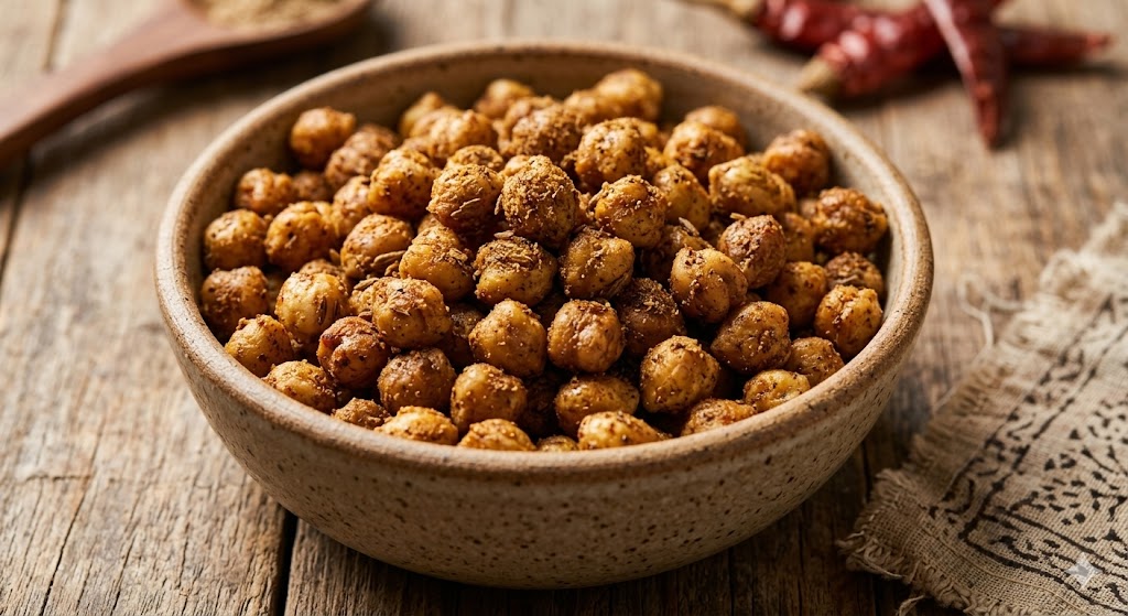 A close-up photograph of a rustic, speckled ceramic bowl filled with roasted masala chickpeas (chana), seasoned with Indian spices and cumin seeds, sitting on a weathered wooden table with red chilies and a spice spoon in the background.