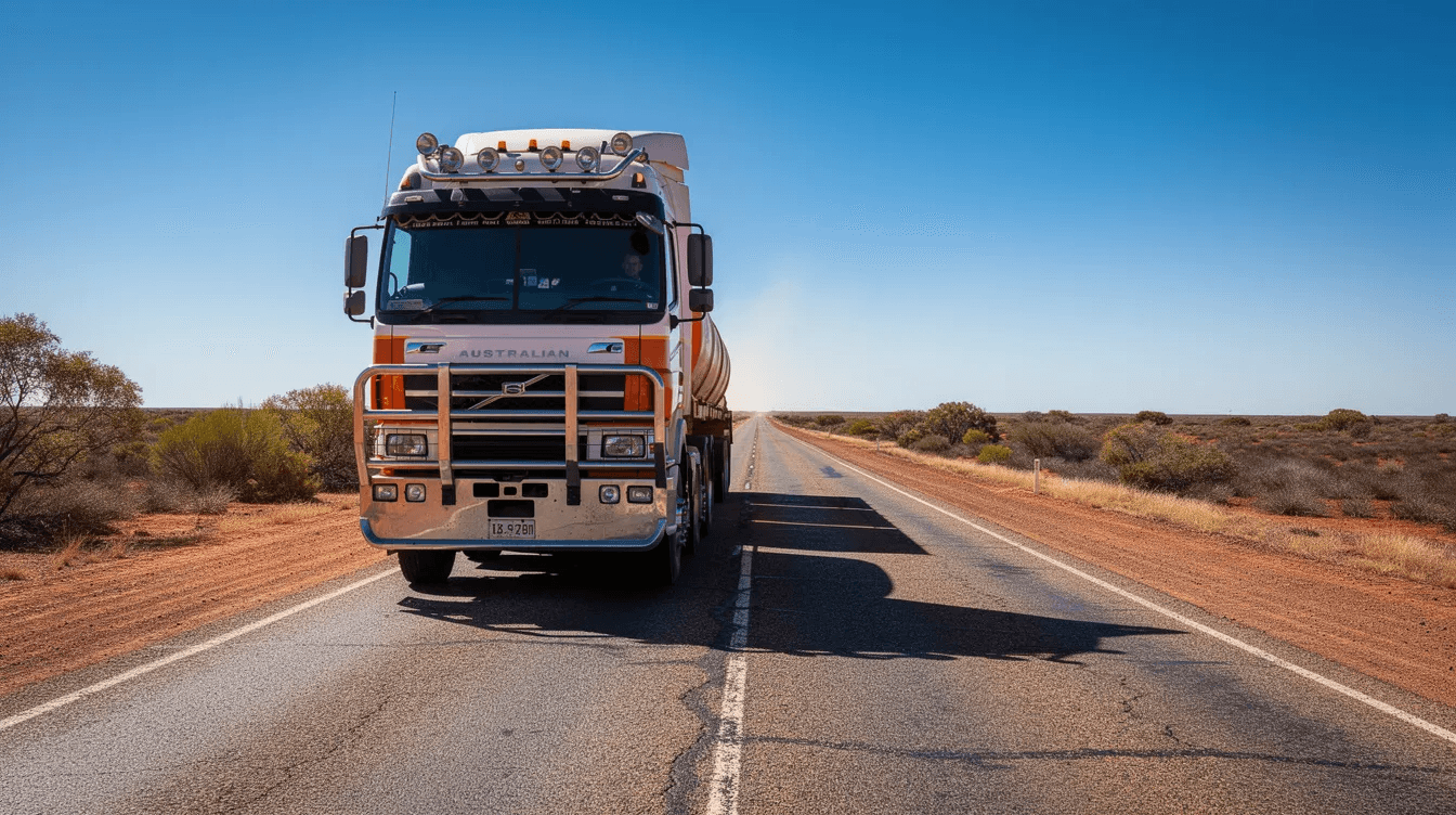 A large Australian prime mover truck is seen driving along a long, straight outback highway beneath a clear blue sky, symbolizing the freedom and vastness of the open road. This image reflects the essential role of truck finance in supporting transport businesses, highlighting the importance of truck loans and financing options for efficient operation.