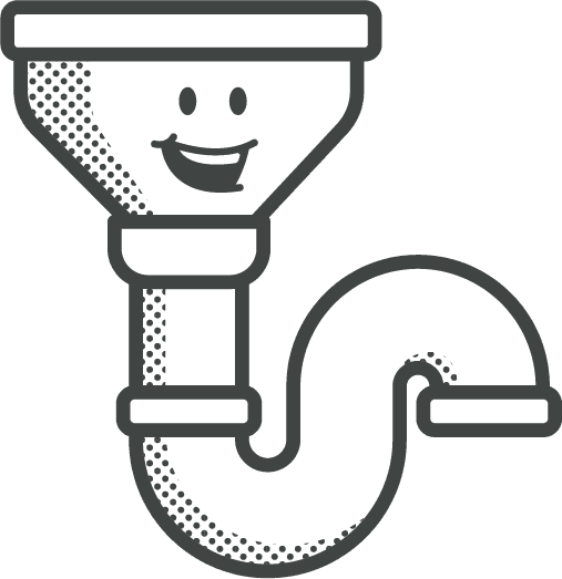 Cartoon P-trap plumbing fixture with a smiling face.