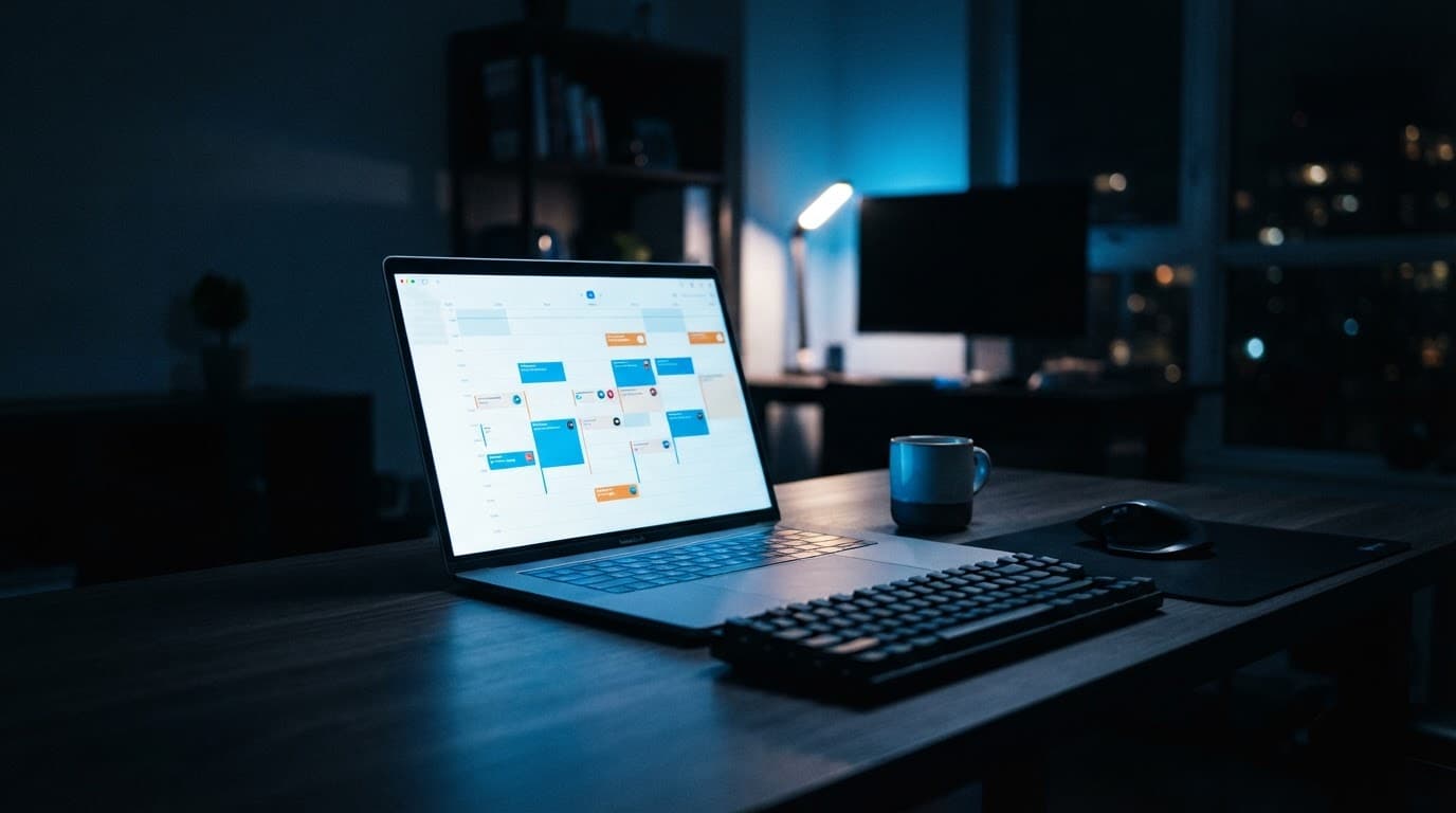 A sleek laptop showing a calendar on a clean desk under dramatic blue lighting.