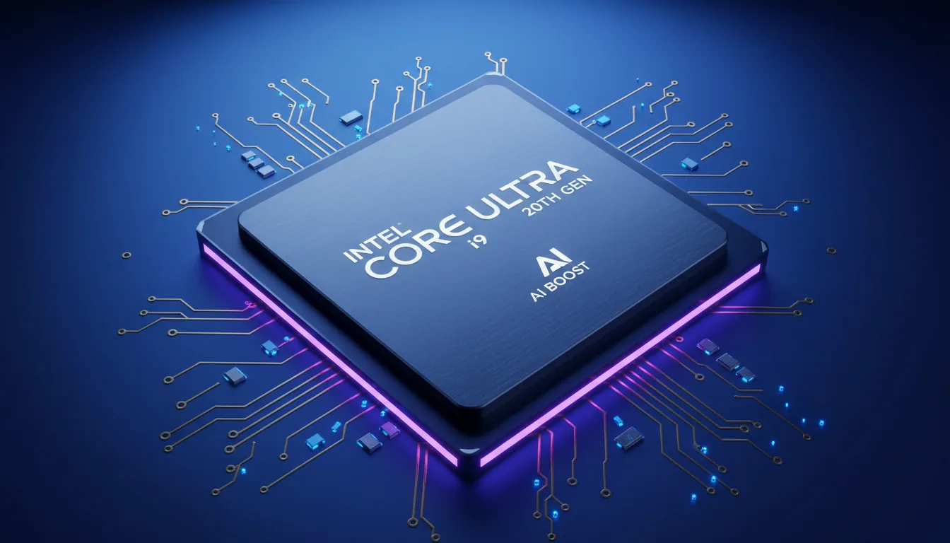 3D render, product shot of a futuristic Intel Core Ultra CPU from an angled top-down perspective. The processor features a sleek brushed metal heat spreader with clean, beveled edges and dark, stylized typography. The scene is illuminated with dramatic cinematic studio lighting, casting a vibrant purple rim light on the CPU's edges, set against a deep blue ambient glow and a smooth gradient background. The CPU sits on a dark blue printed circuit board with visible gold traces.