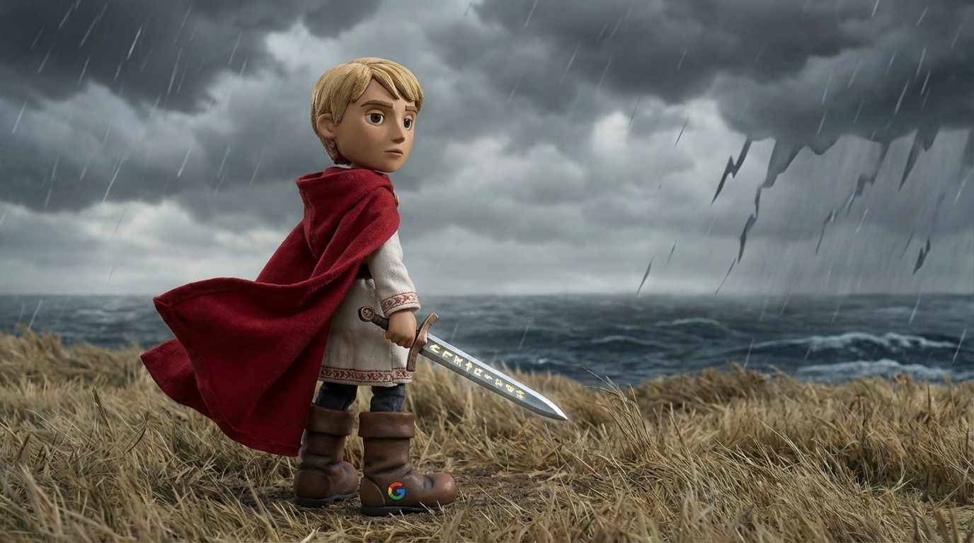 Create an image of a young knight, white, blond with short hair. He wears a red cape and an elegant white tunic, as well as long brown boots with the Google logo on the back
