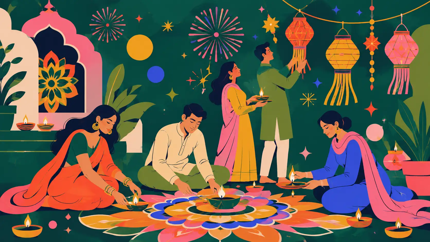 Family celebrating Diwali making colourful rangoli lighting diyas and hanging lanterns with fireworks festive illustration