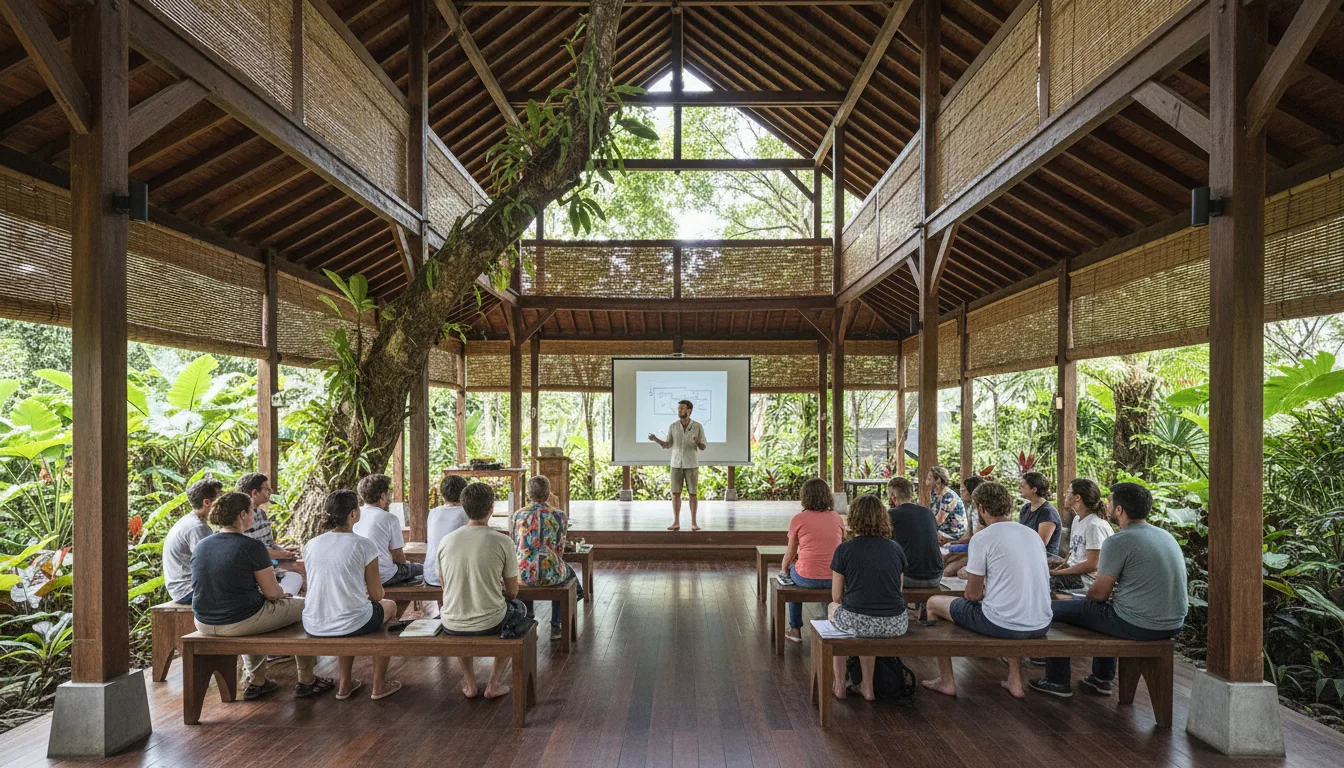 DSLR photography, wide shot of a workshop in a tropical, open-air coworking space. A casually dressed presenter stands barefoot on a raised wooden stage in front of a projector screen, addressing a seated audience. The structure is made of natural wood with a high-beamed ceiling and bamboo blinds, surrounded by a lush jungle garden with large ferns and a gnarled tree. Natural daylight illuminates the scene, creating a bright, collaborative atmosphere with sharp focus that captures the rich textures of the wood grain and green leaves.