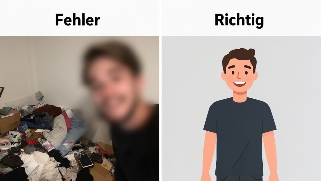 Zwei Bilder: Links ein verschwommenes Foto in unordentlicher Umgebung (Fehler), rechts ein klares, freundliches Porträt (Richtig).