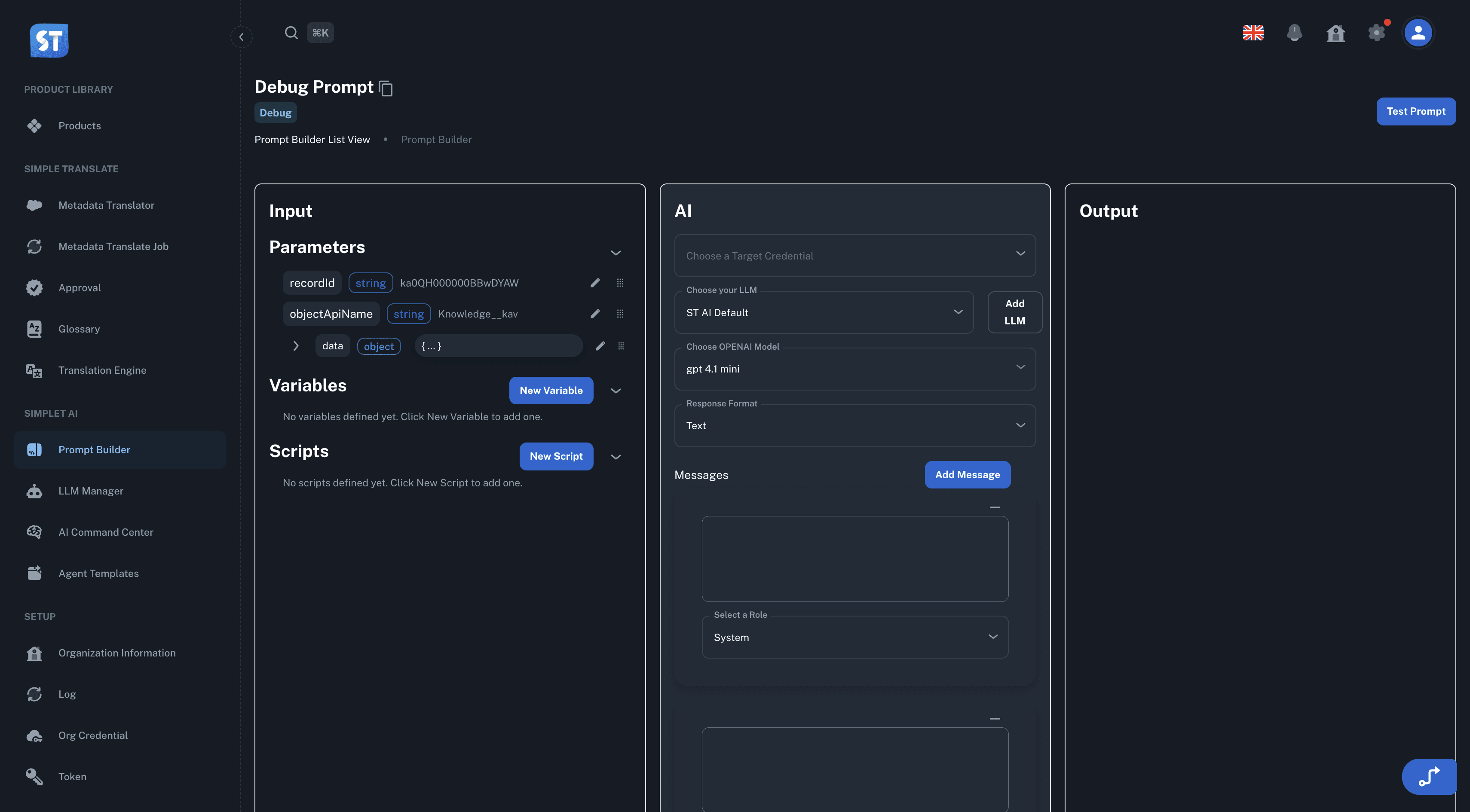 Chat agent debug interface showing detailed conversation analysis, message threading, and performance metrics