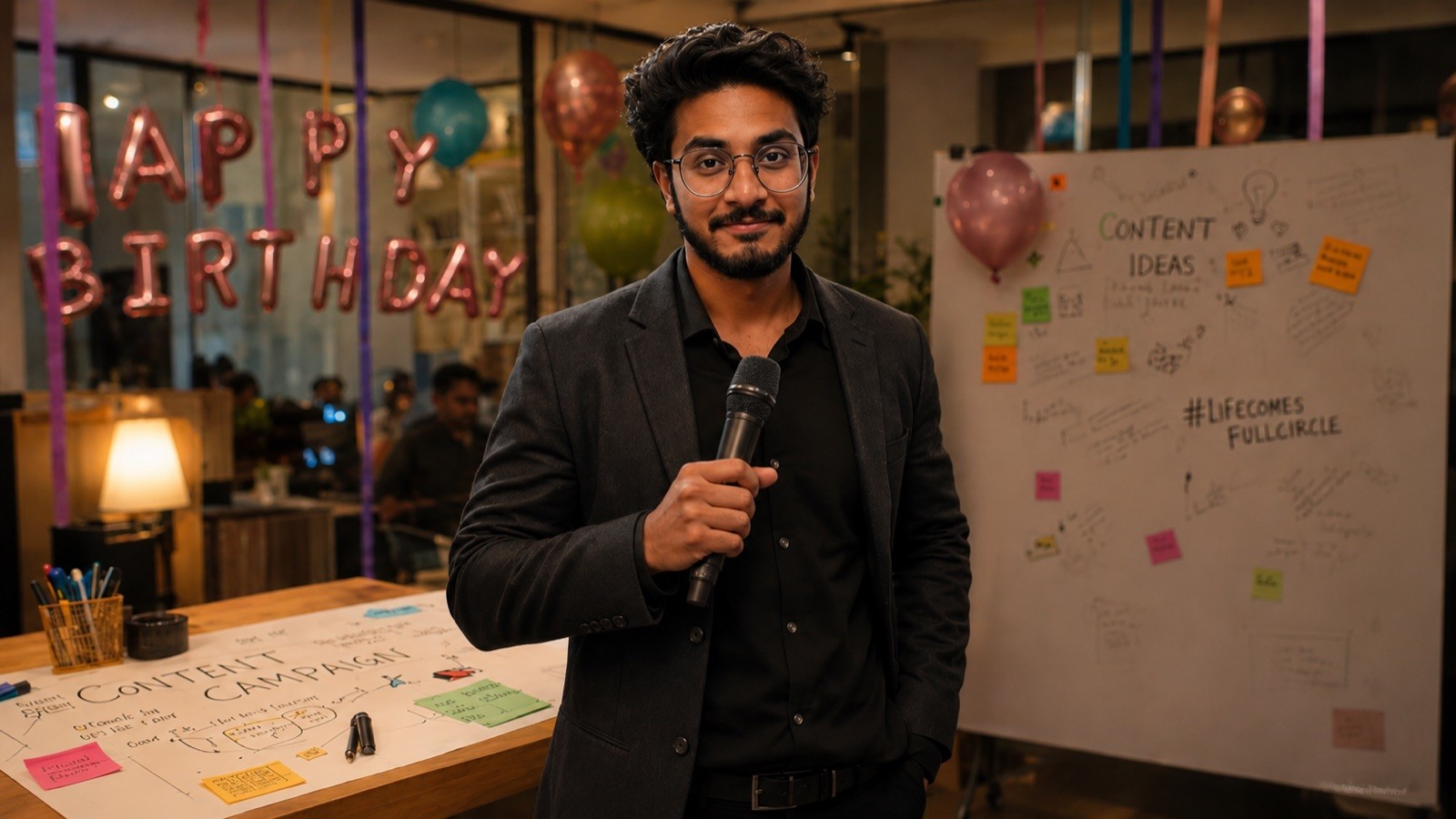 Aleser hosting a creative team gathering with a microphone