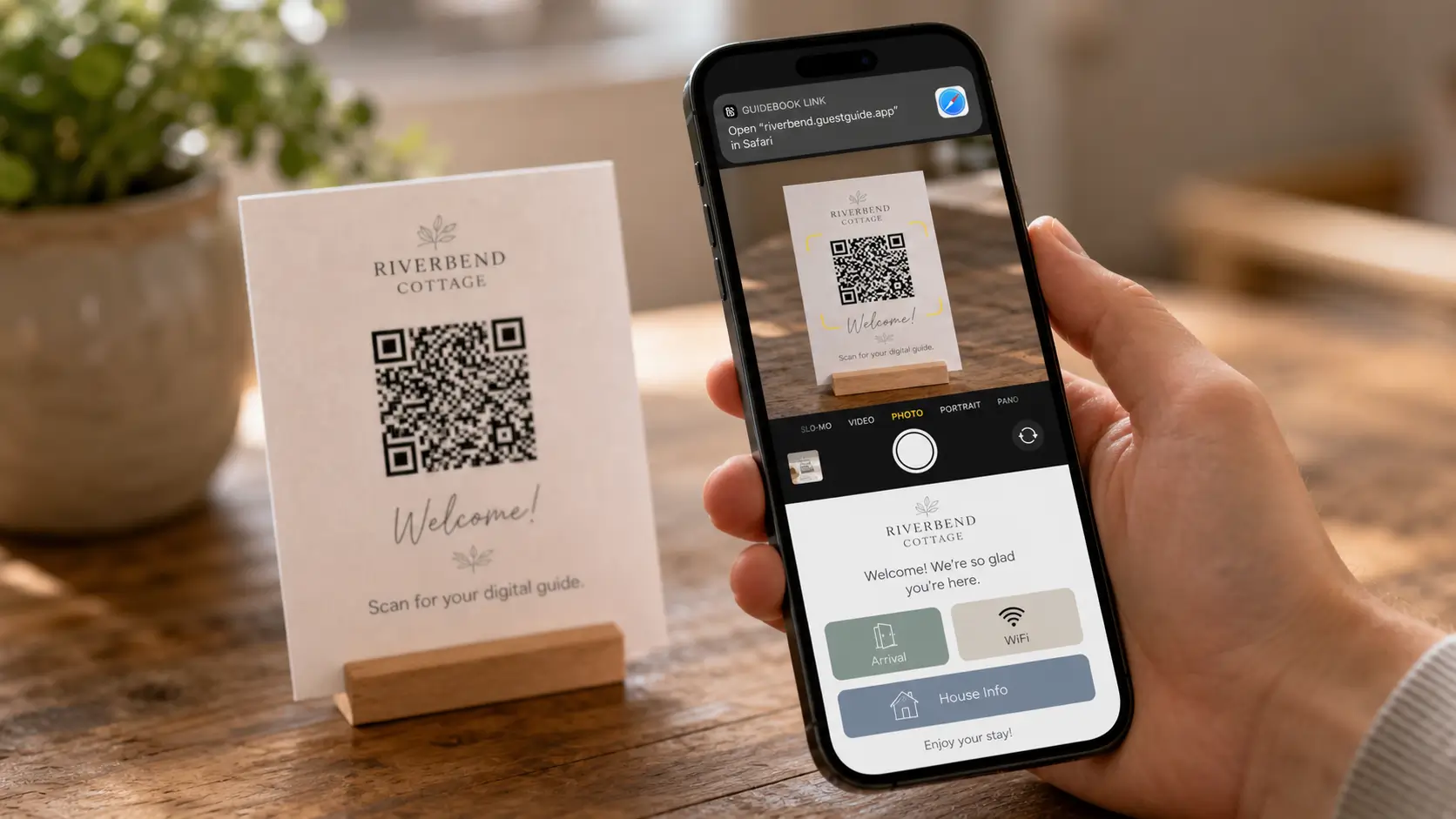 Guest scanning a QR code to open a vacation rental's digital guidebook