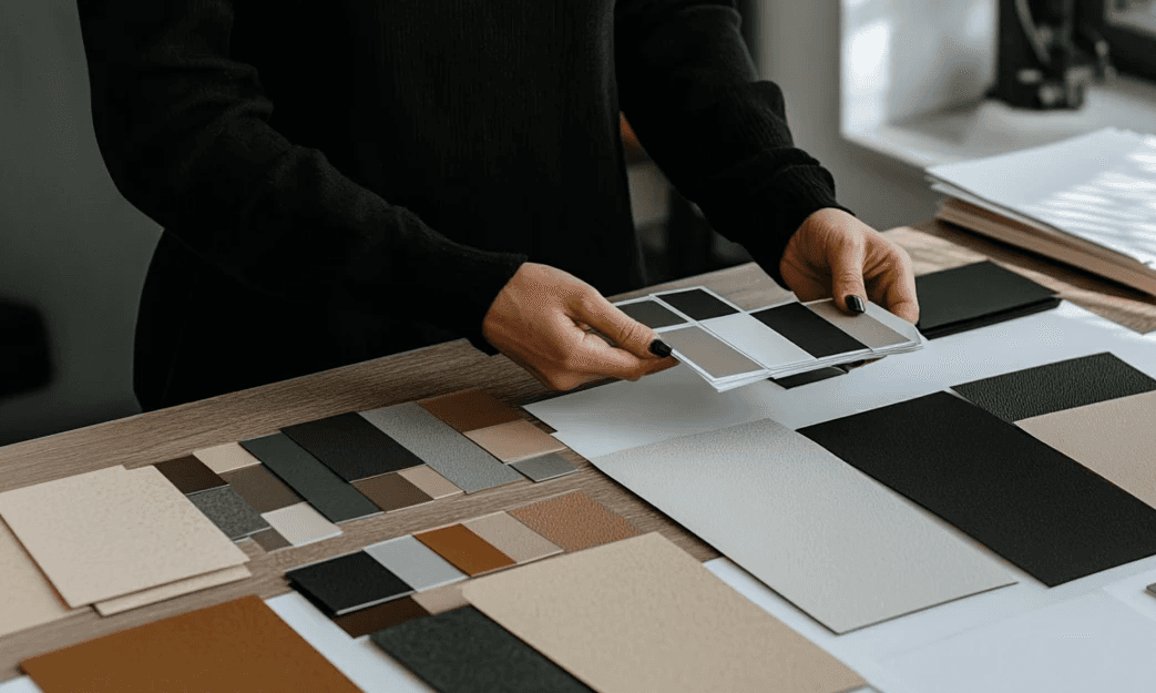 Designer selecting material in a factory.