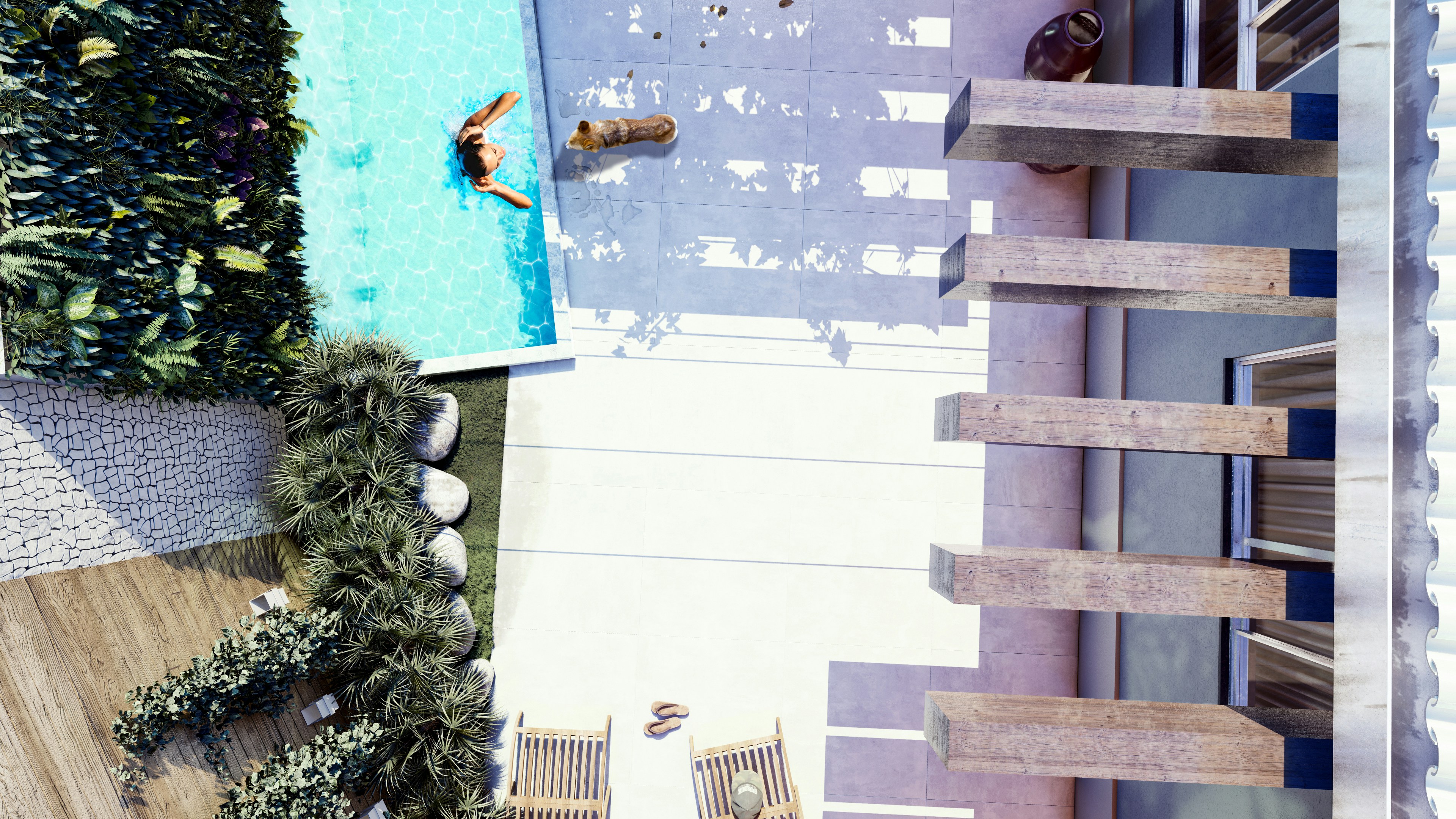 Top-down architectural visualization of a modern backyard pool and patio design