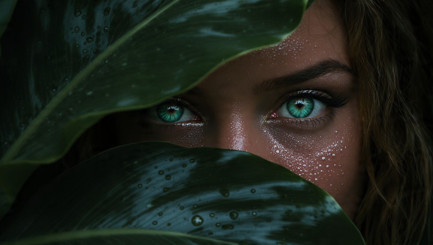 Dreamlike close-up of a red-haired woman with luminous turquoise eyes, her face veiled by glistening wet tropical leaves, countless tiny raindrops catching light on her skin and the broad green foliage surrounding her.