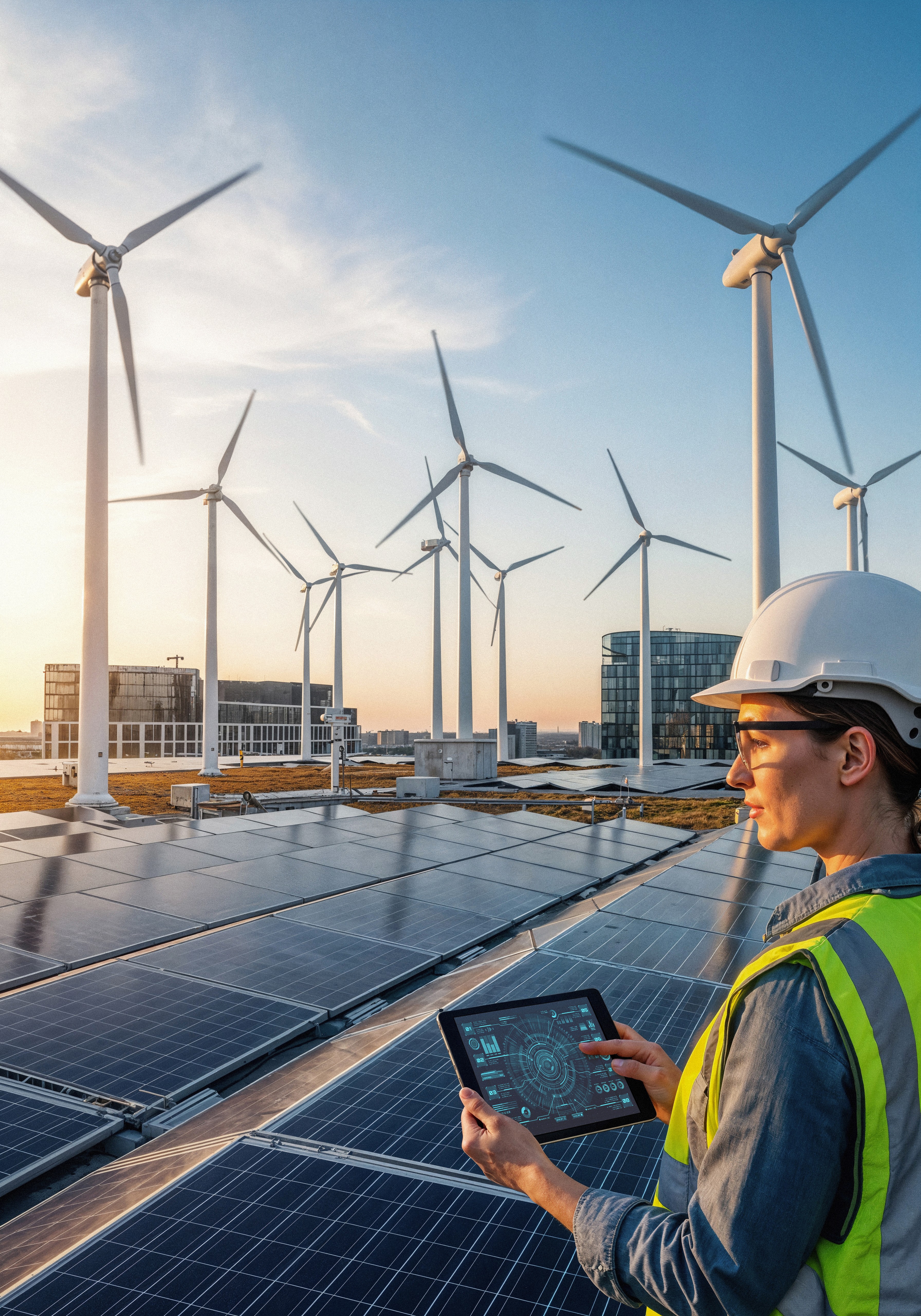 Engineer using a tablet on a rooftop with solar panels and wind turbines