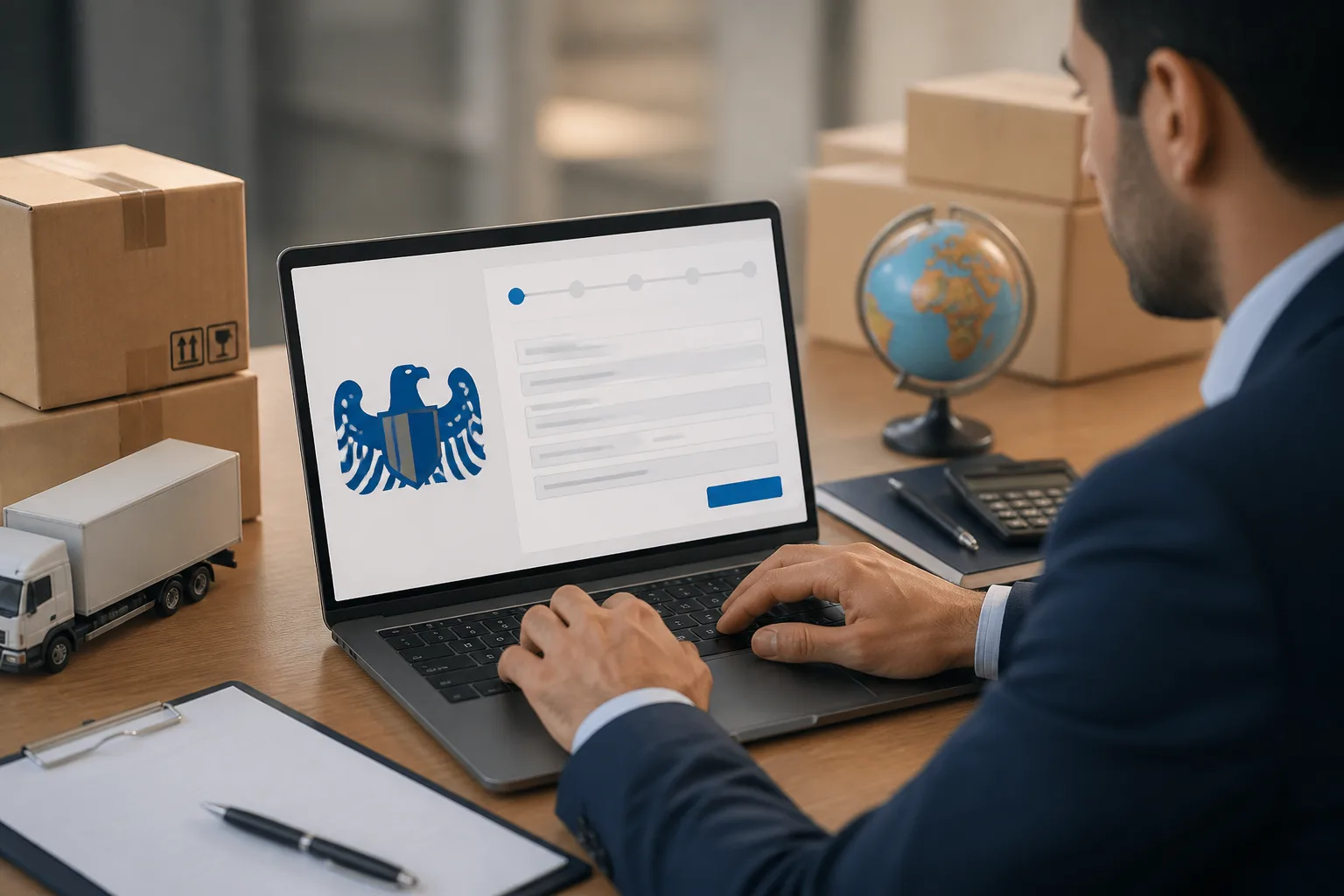 Dubai Customs Code for New Importers beside a warehouse with cargo pallets and a shipping