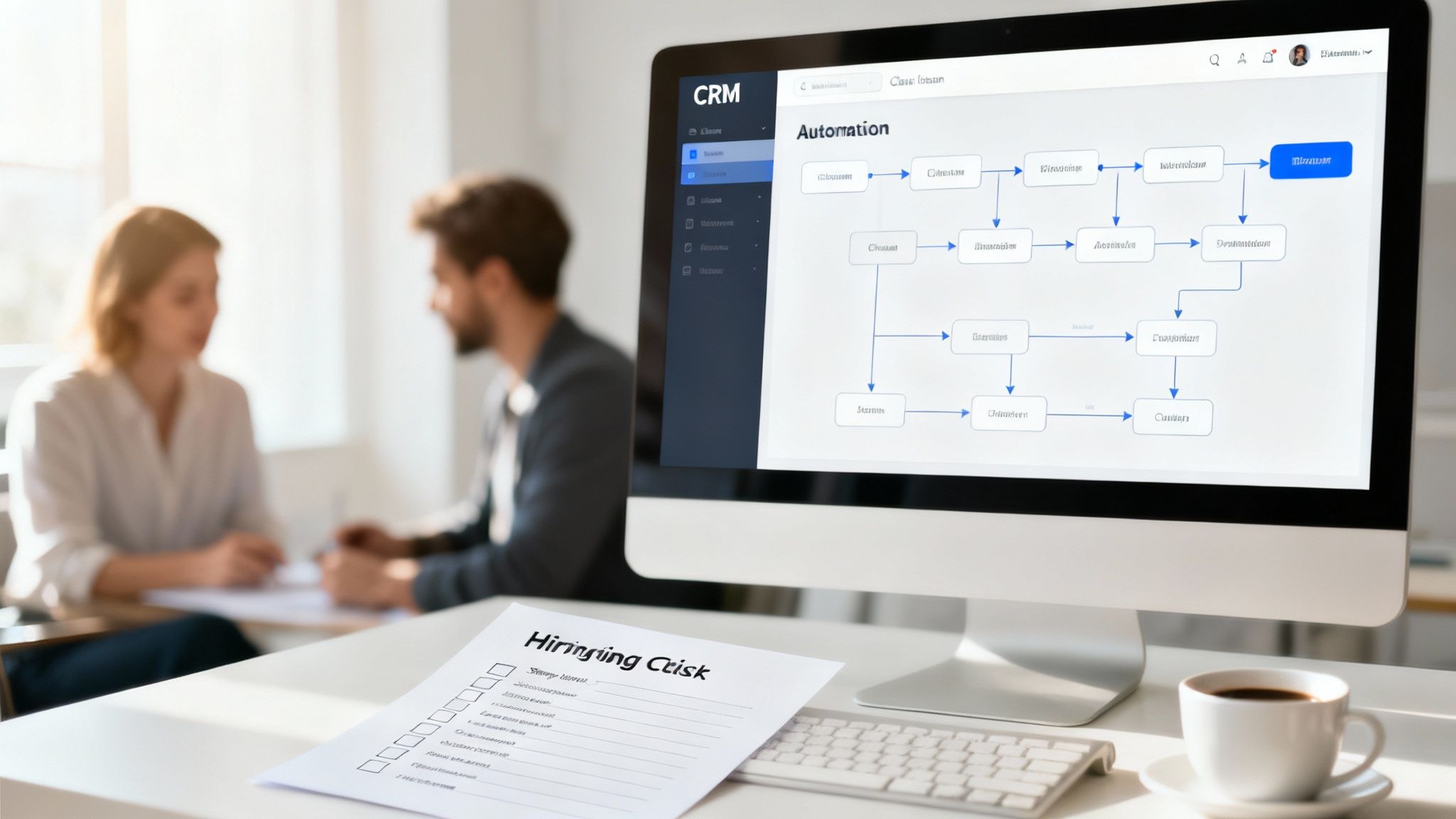 A computer monitor displays a CRM automation workflow. A hiring checklist and coffee are on the desk.
