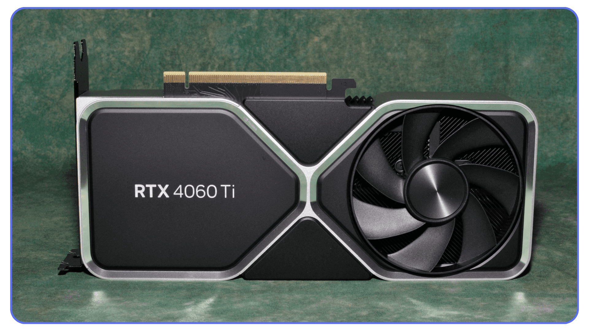 An Nvidia RTX 4060 Ti graphics card shown from the front with its single-fan cooling design.