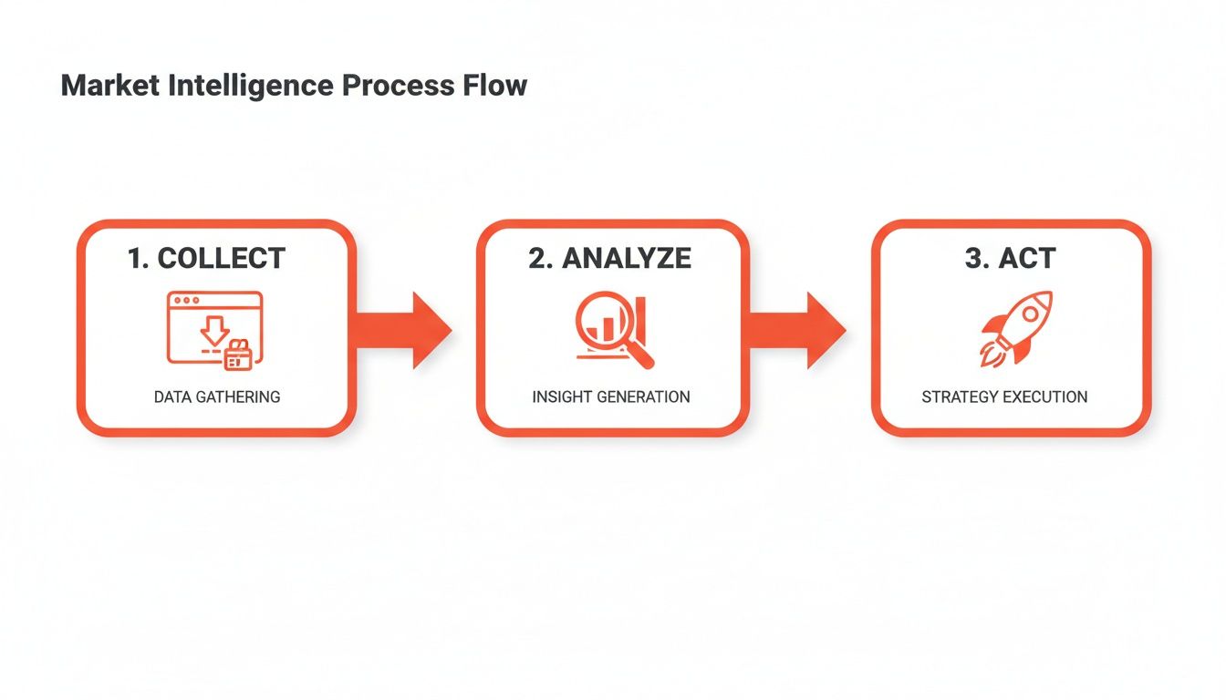 A market intelligence process flow diagram illustrating three stages: Collect, Analyze, and Act.