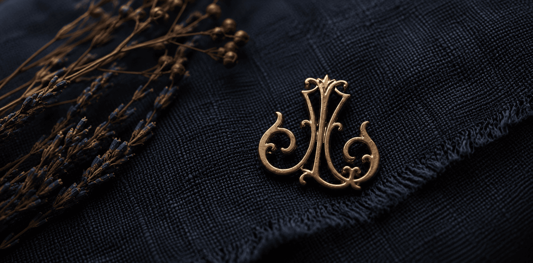 Lusha gold monogram pin on navy linen